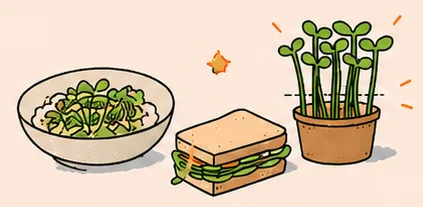 Broccoli cress door een salade, op brood en in een potje